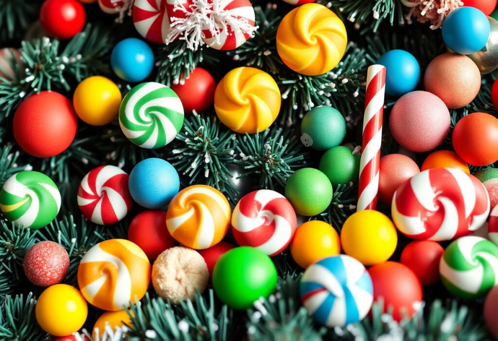 Various colorful candy decorations for Christmas