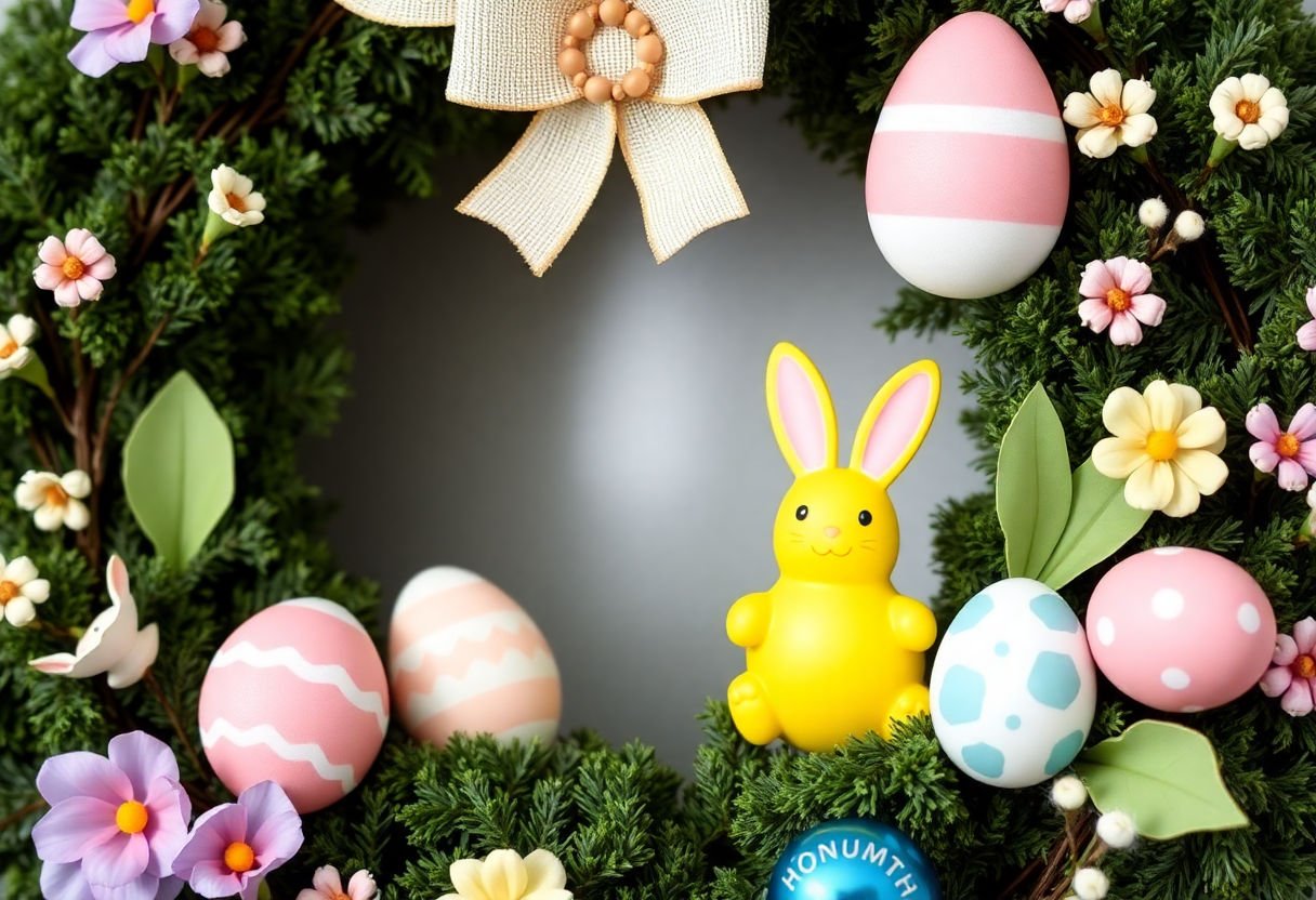 Close-up of customized Easter decorations on a wreath.