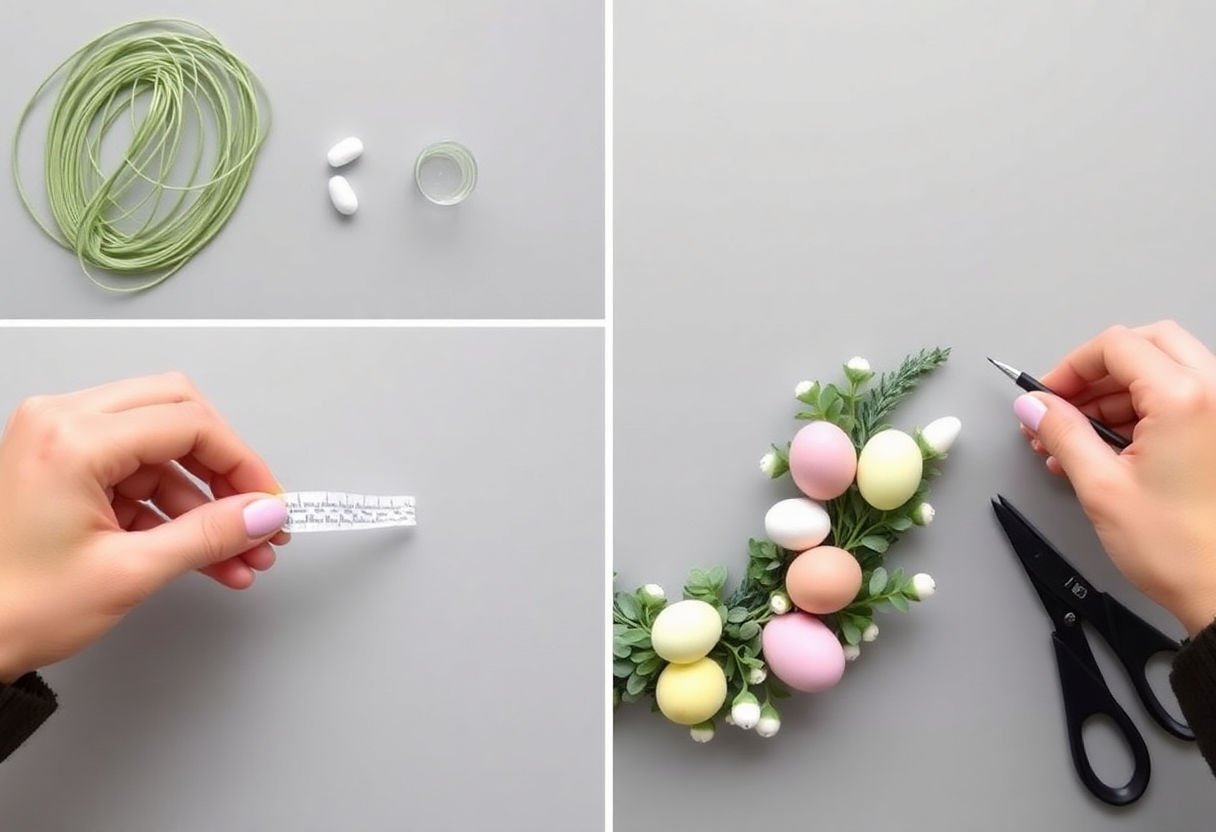 Step-by-step assembly of an Easter wreath.
