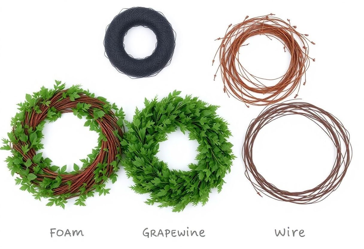 Various wreath bases like foam, grapevine, and wire.