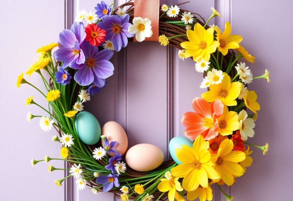 A colorful DIY Easter wreath adorned with spring flowers and Easter eggs.