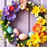 A colorful DIY Easter wreath adorned with spring flowers and Easter eggs.