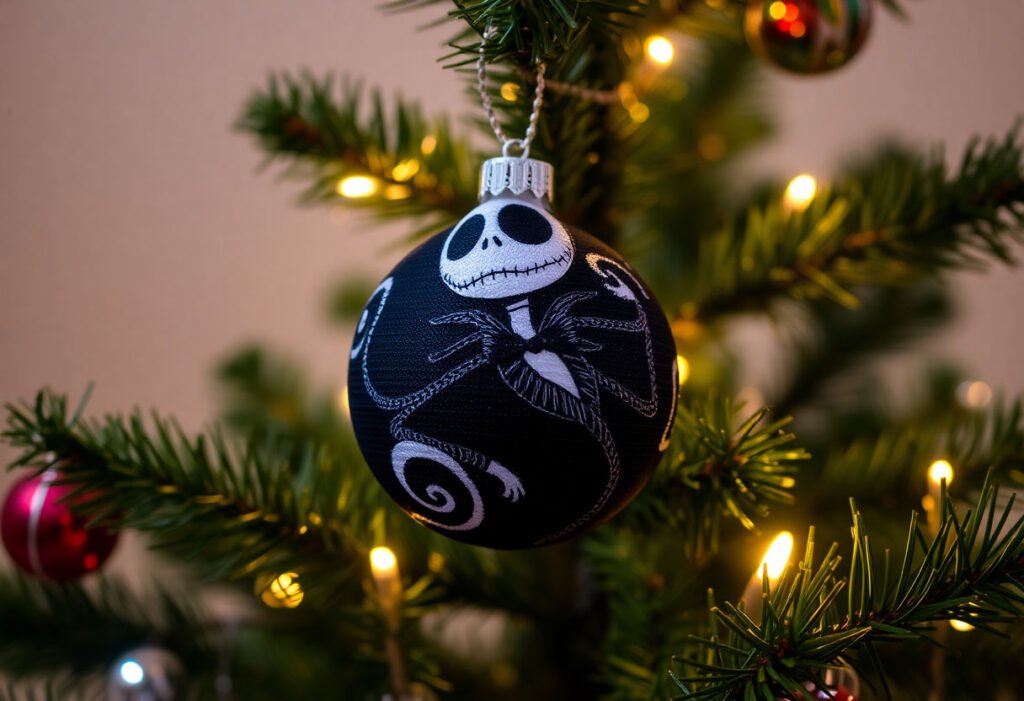 Handmade Nightmare Before Christmas ornament on a Christmas tree.