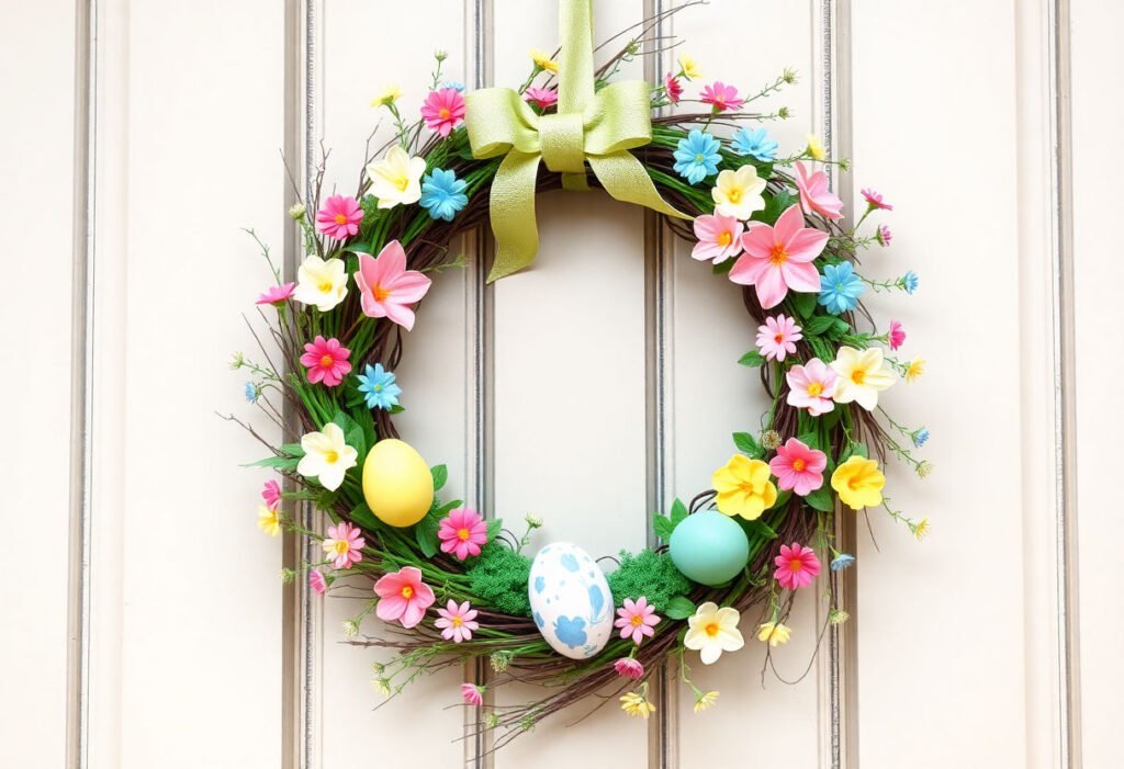 A beautifully crafted DIY Easter wreath with colorful decorations
