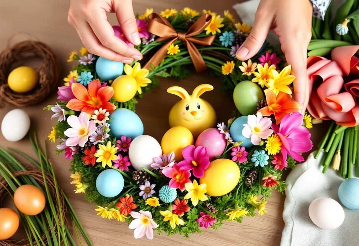 Assembling a colorful Easter wreath