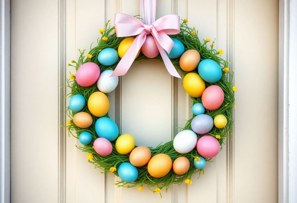 A colorful Easter egg wreath hanging on a door