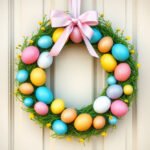 A colorful Easter egg wreath hanging on a door