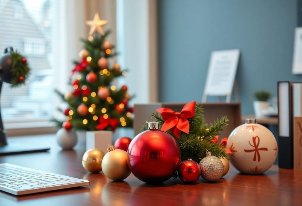 Office desk decorated with Christmas ornaments