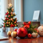 Office desk decorated with Christmas ornaments