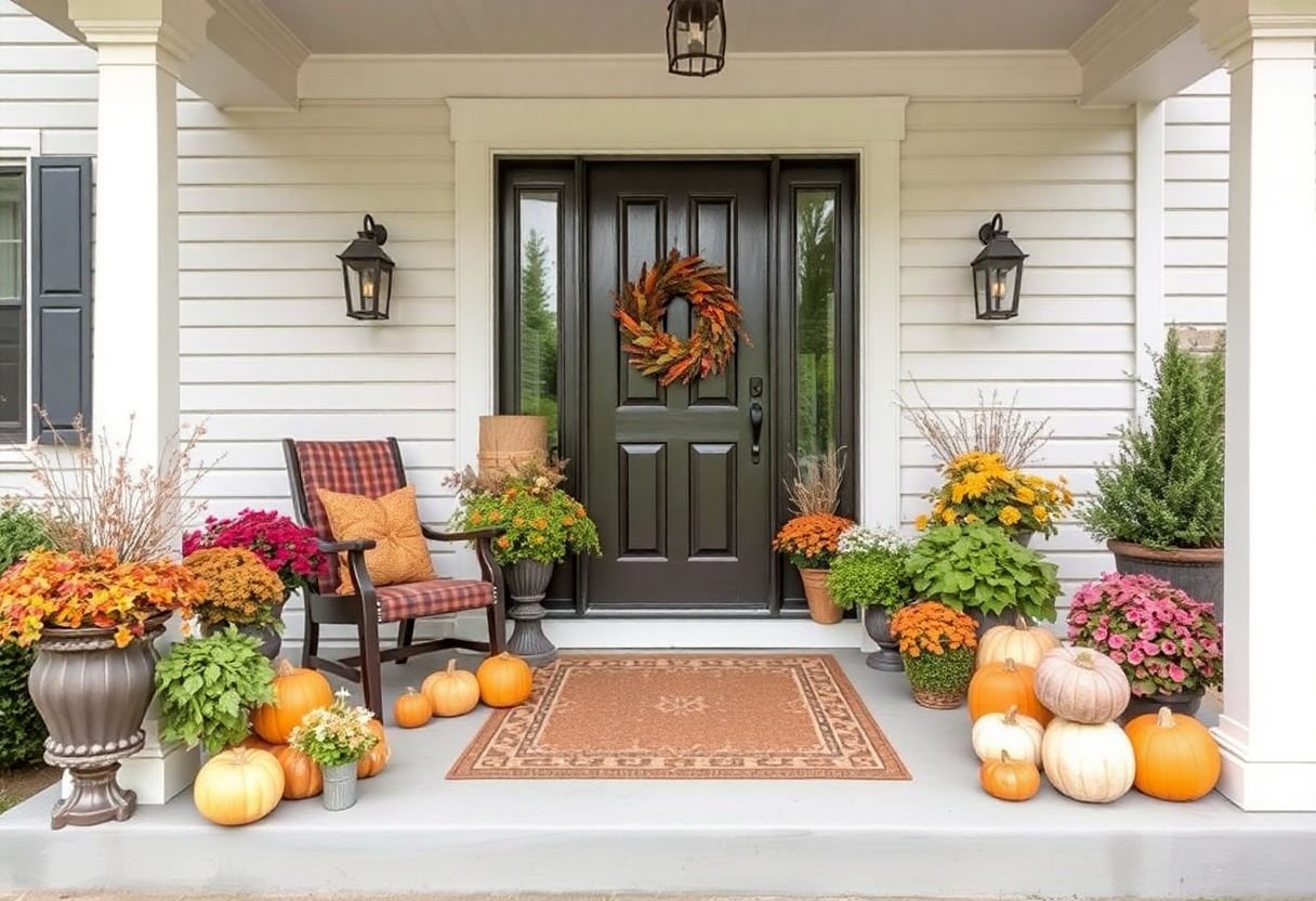 Porch decorated with a Thanksgiving theme