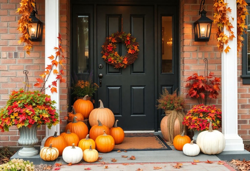 Beautifully decorated Thanksgiving porch with autumn leaves and pumpkins