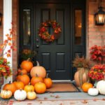 Beautifully decorated Thanksgiving porch with autumn leaves and pumpkins