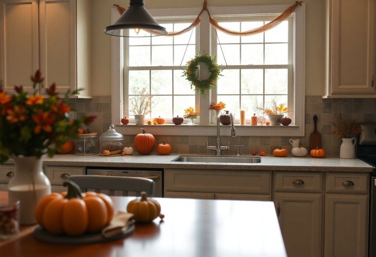 Thanksgiving decorations in a kitchen.