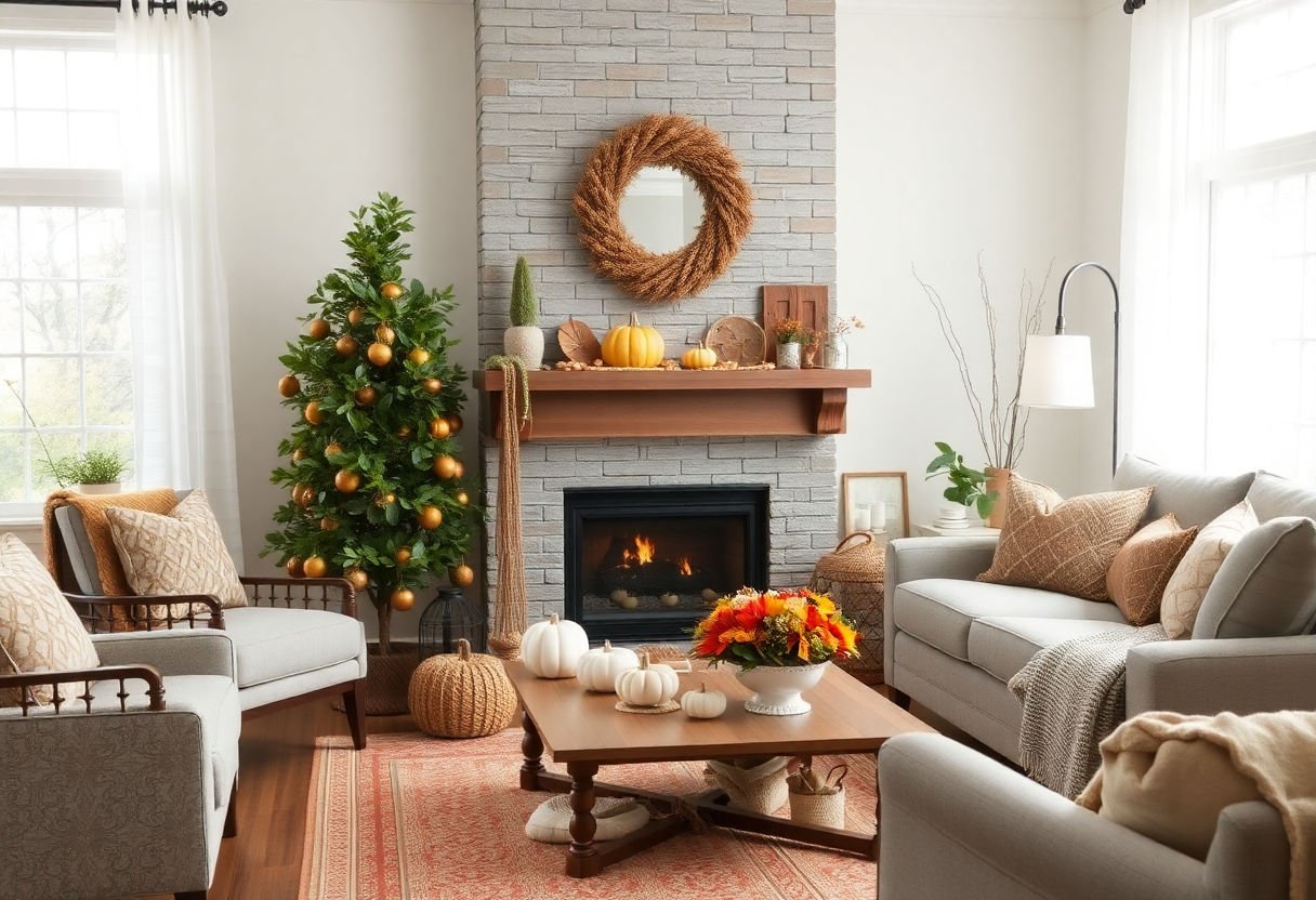 Cozy Thanksgiving decorations in a living room.