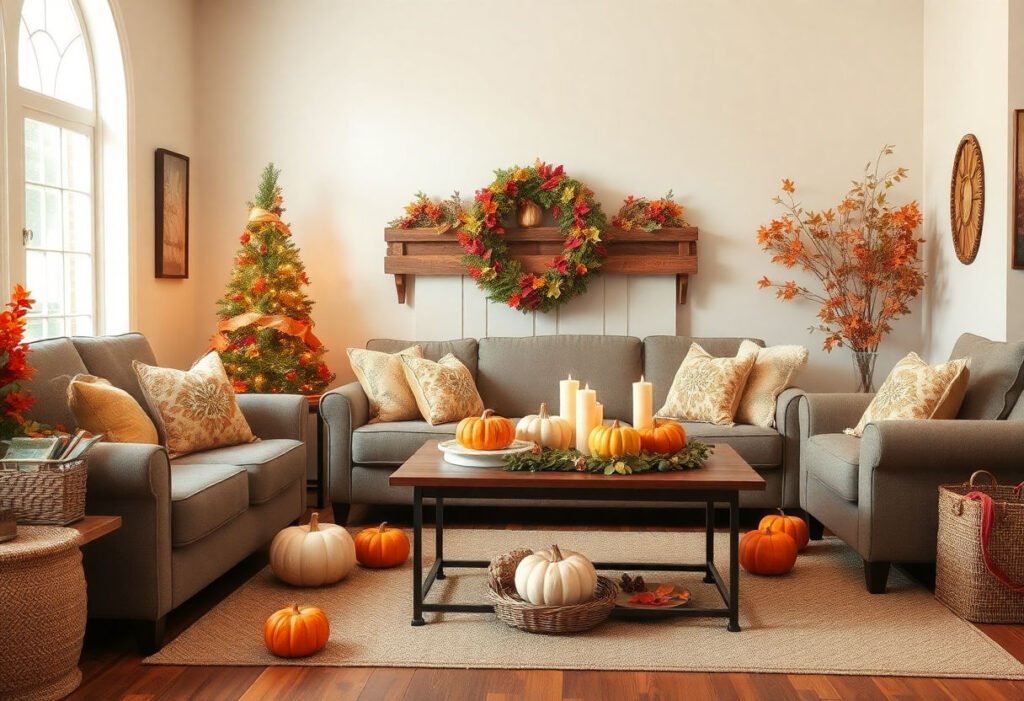 Beautiful Thanksgiving decorations in a cozy living room setting.