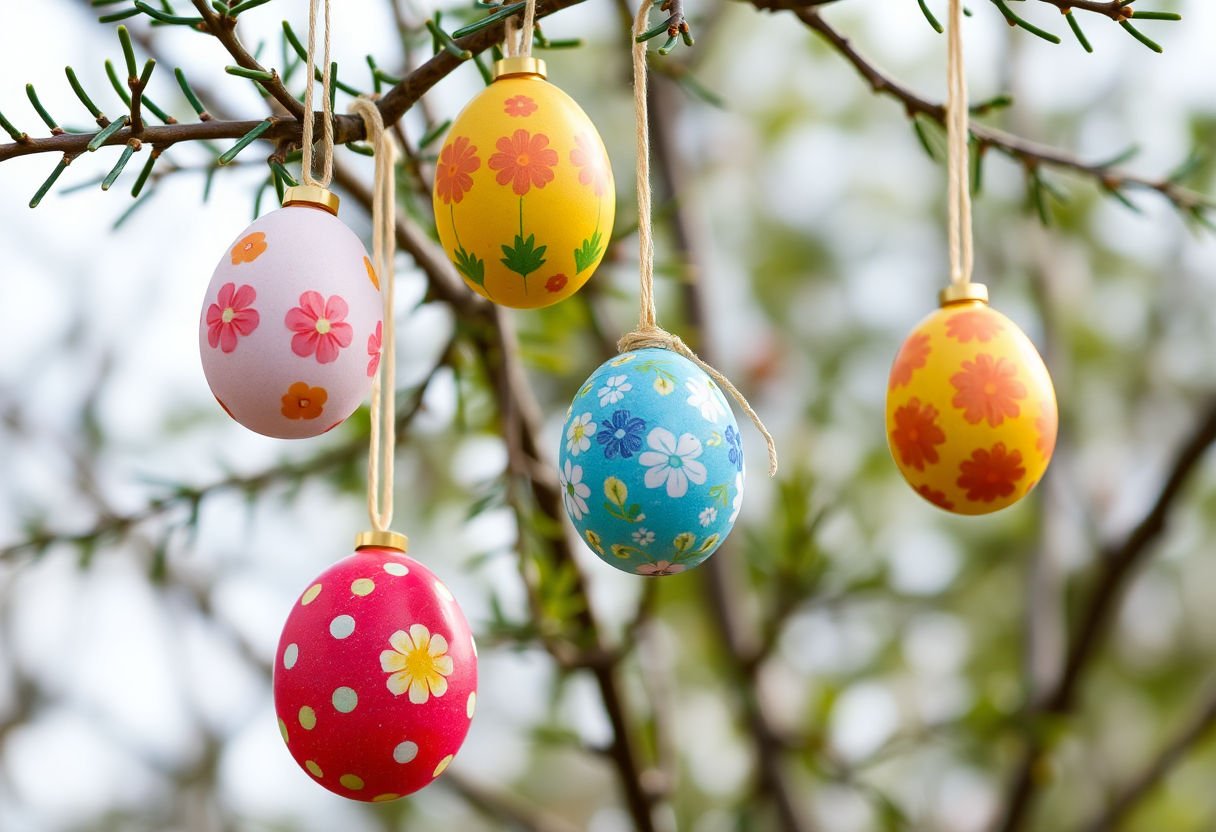 Hanging decorated Easter eggs on a tree