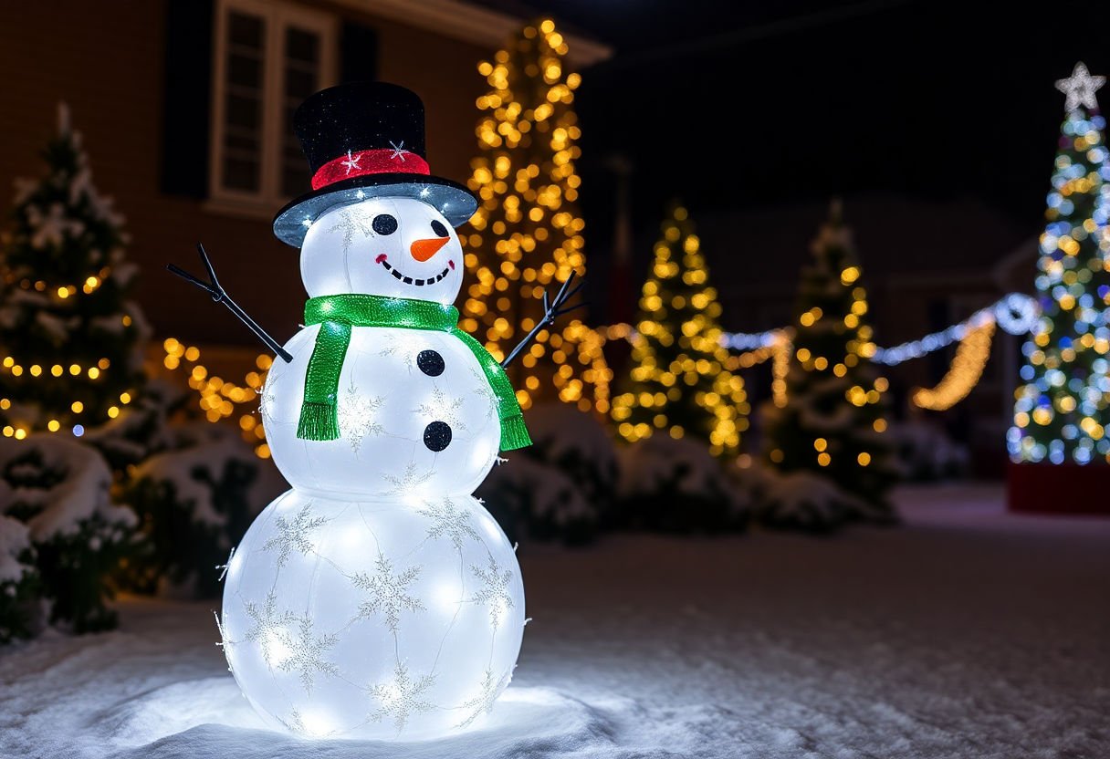 Snowman decoration with lights.