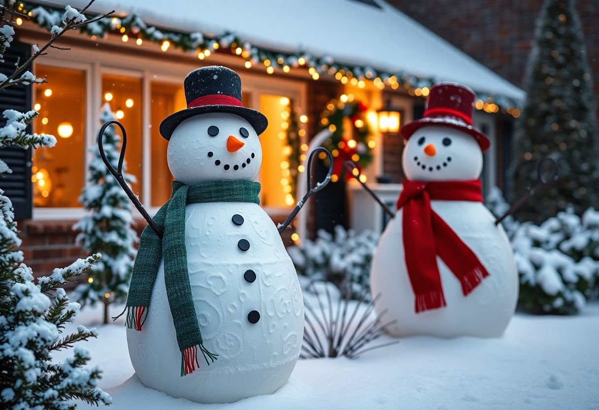 Outdoor snowman decorations in snow.