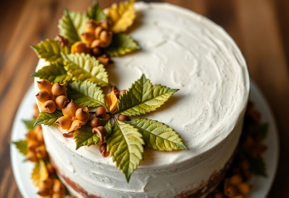 Cake adorned with edible leaf decorations