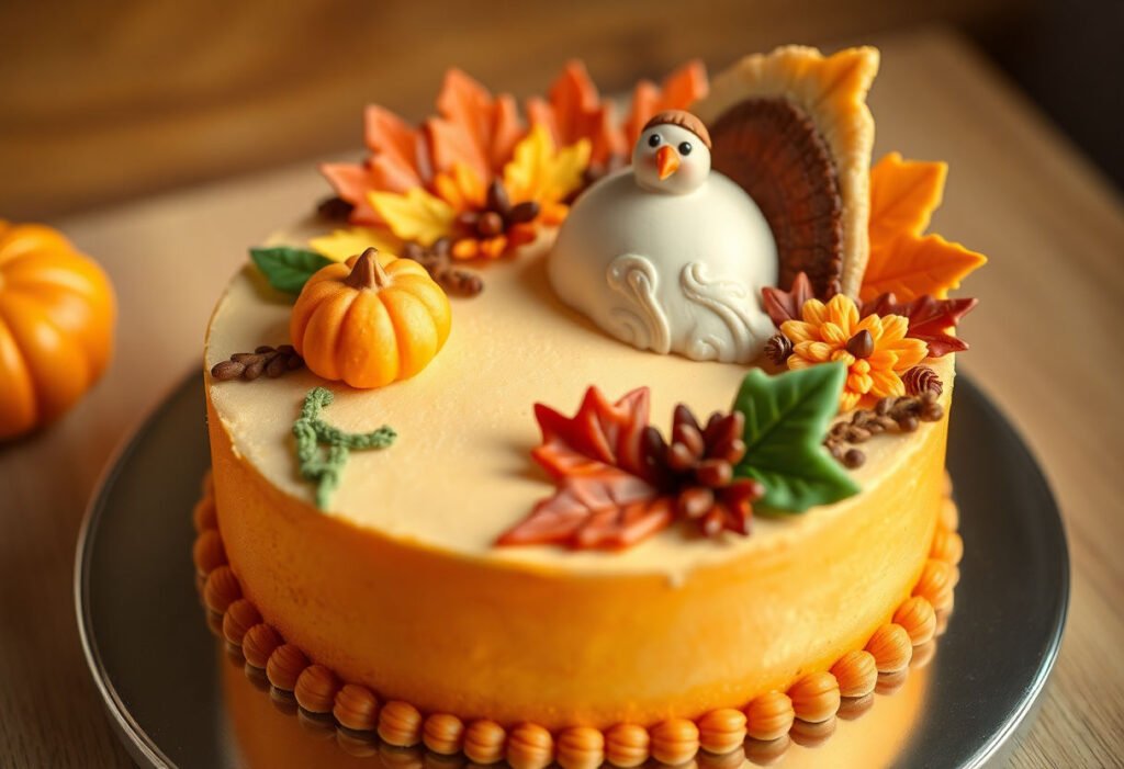 A beautifully decorated Thanksgiving-themed cake