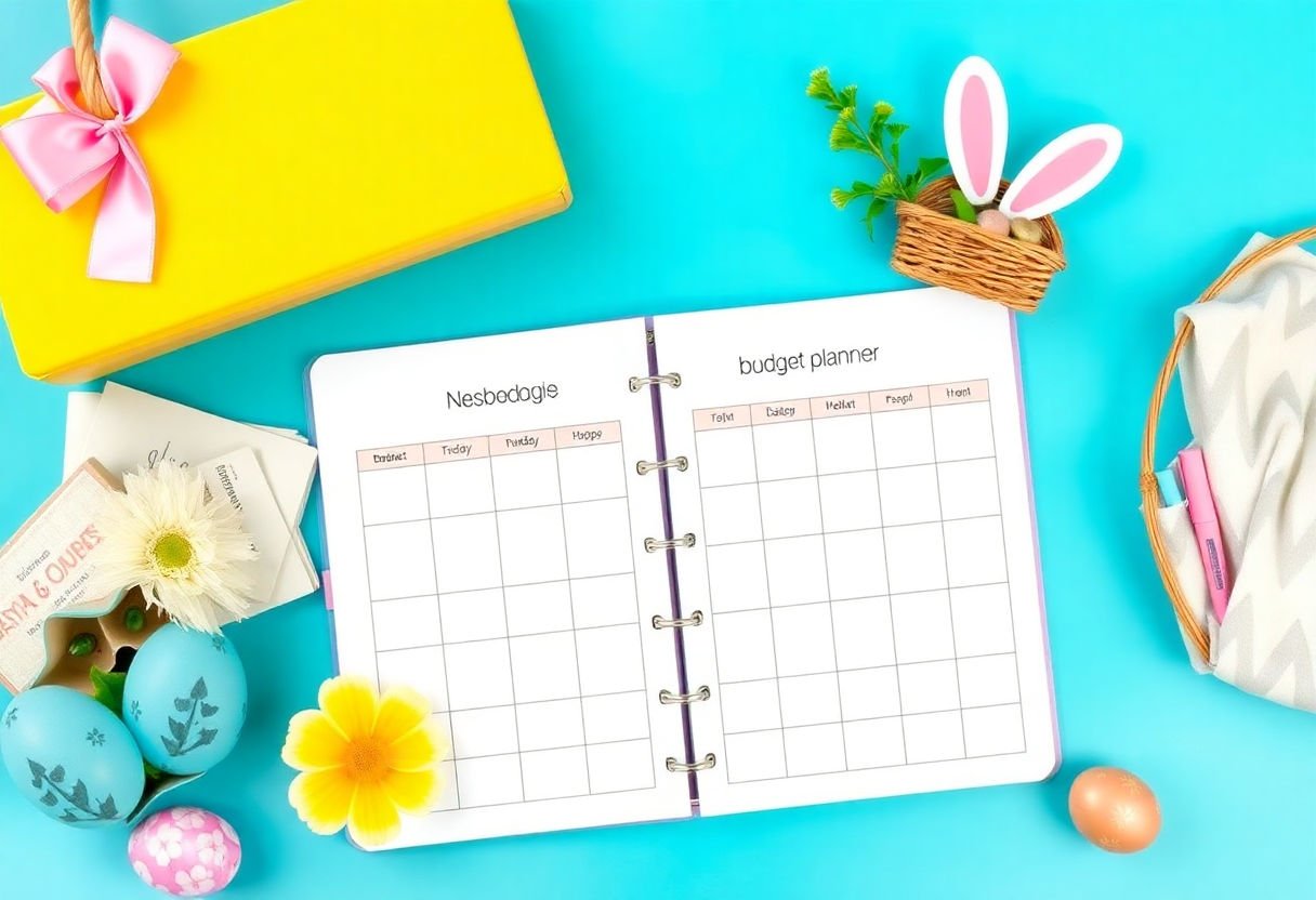 A budget planner alongside Easter basket materials