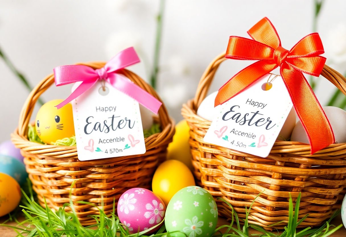 Colorful ribbons and tags for personalizing Easter baskets