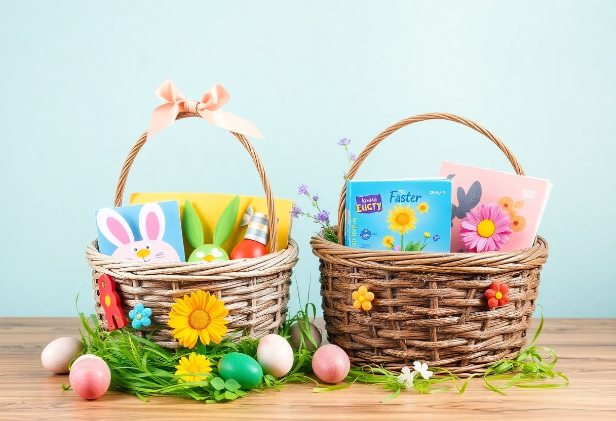 Themed Easter baskets for children with colorful toys and books