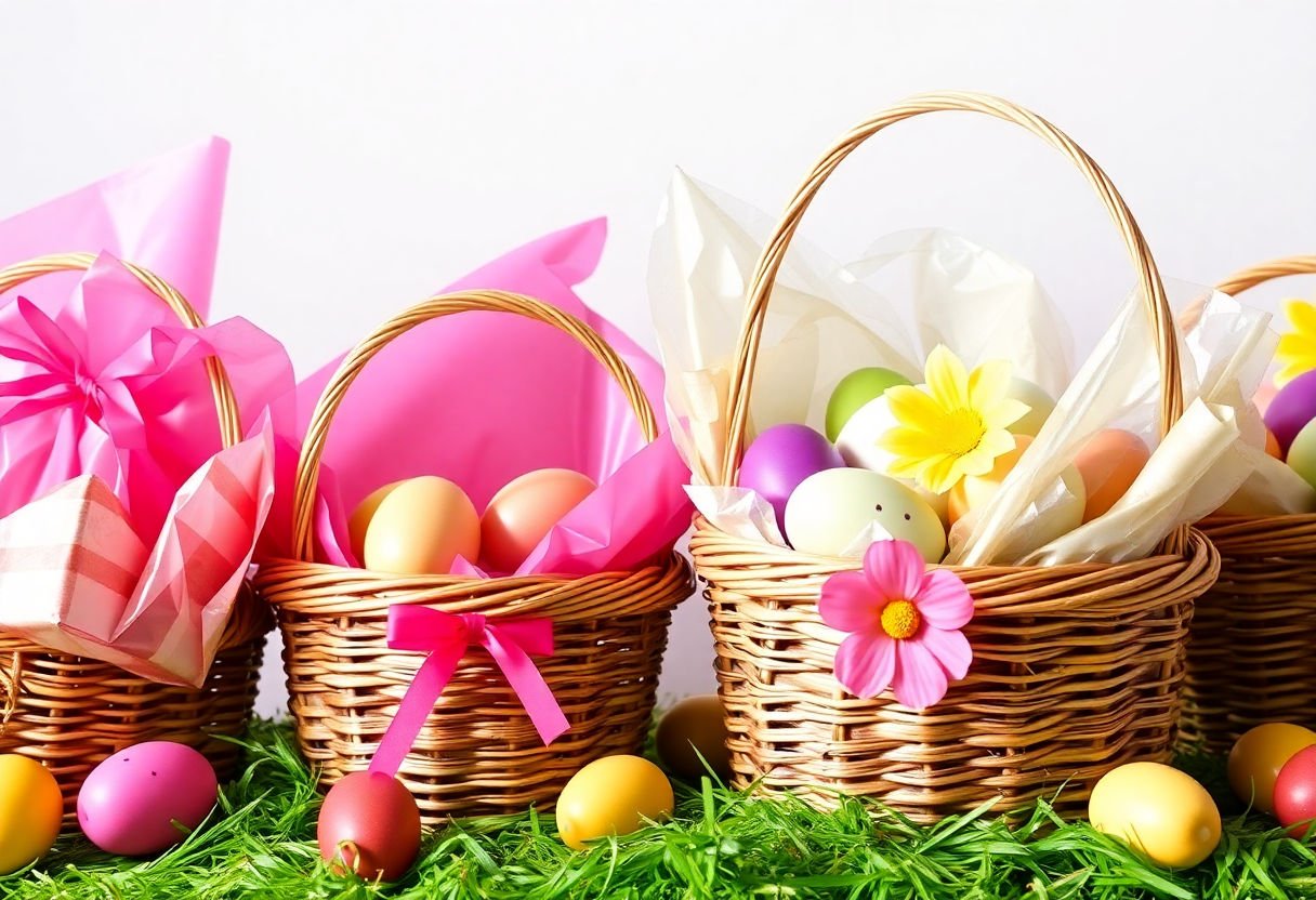 Beautifully wrapped Easter baskets with colorful wrapping materials