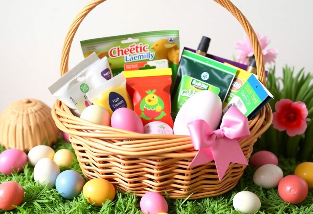 A budget-friendly Easter basket filled with Dollar Tree products