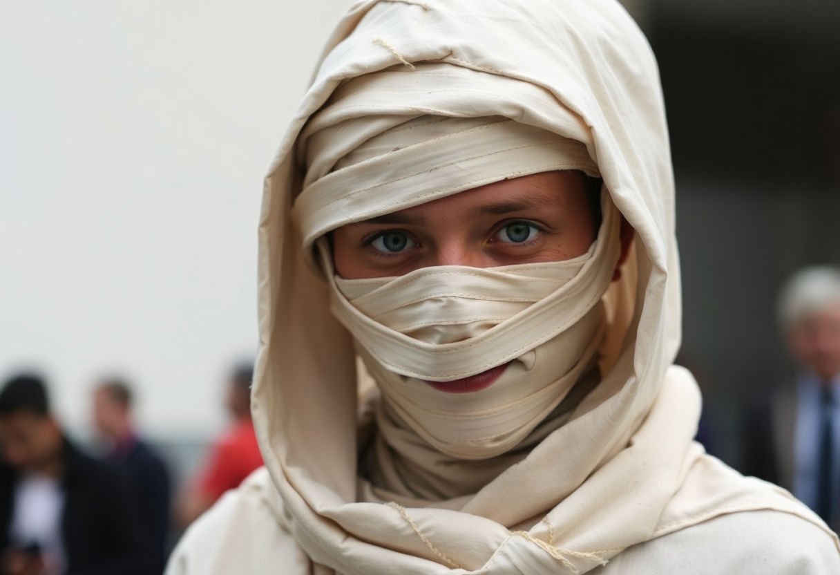 Person dressed in a DIY mummy costume.
