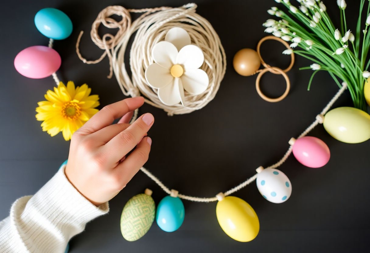 Assembling a DIY Easter garland.