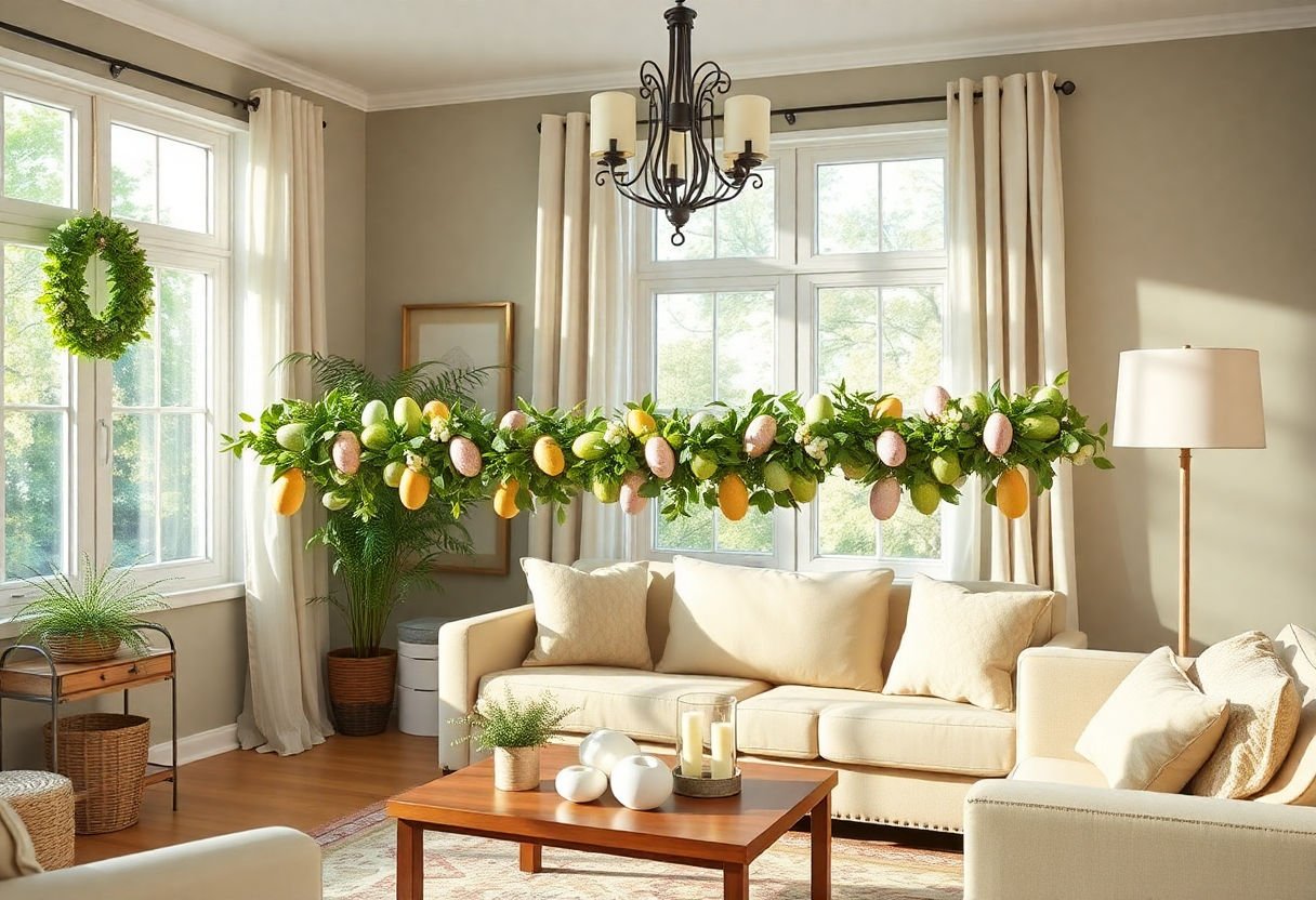 Displayed Easter garland in a living room.