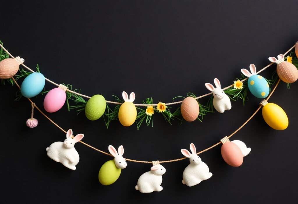 A handmade DIY Easter garland with colorful eggs and bunnies