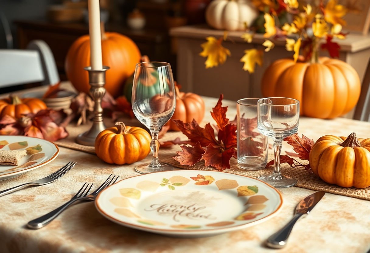 A Thanksgiving table setting with honeycomb pattern tableware