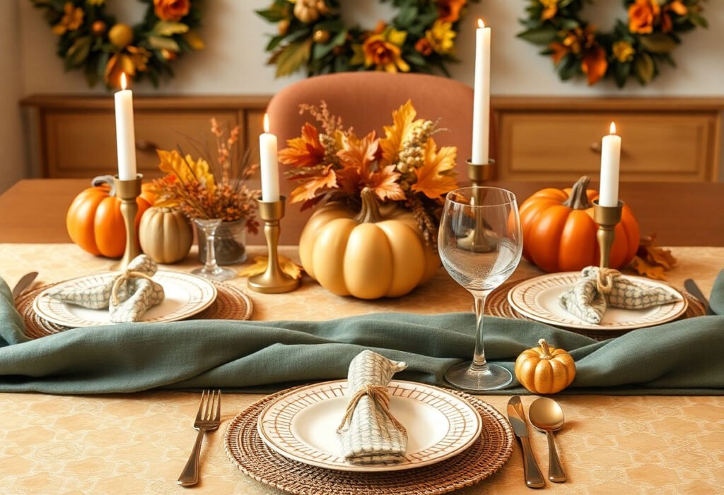 A table setting with honeycomb pattern Thanksgiving decorations