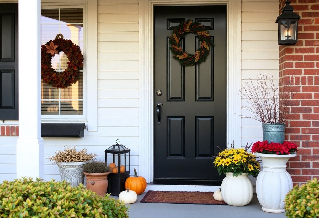 A porch decorated for Thanksgiving