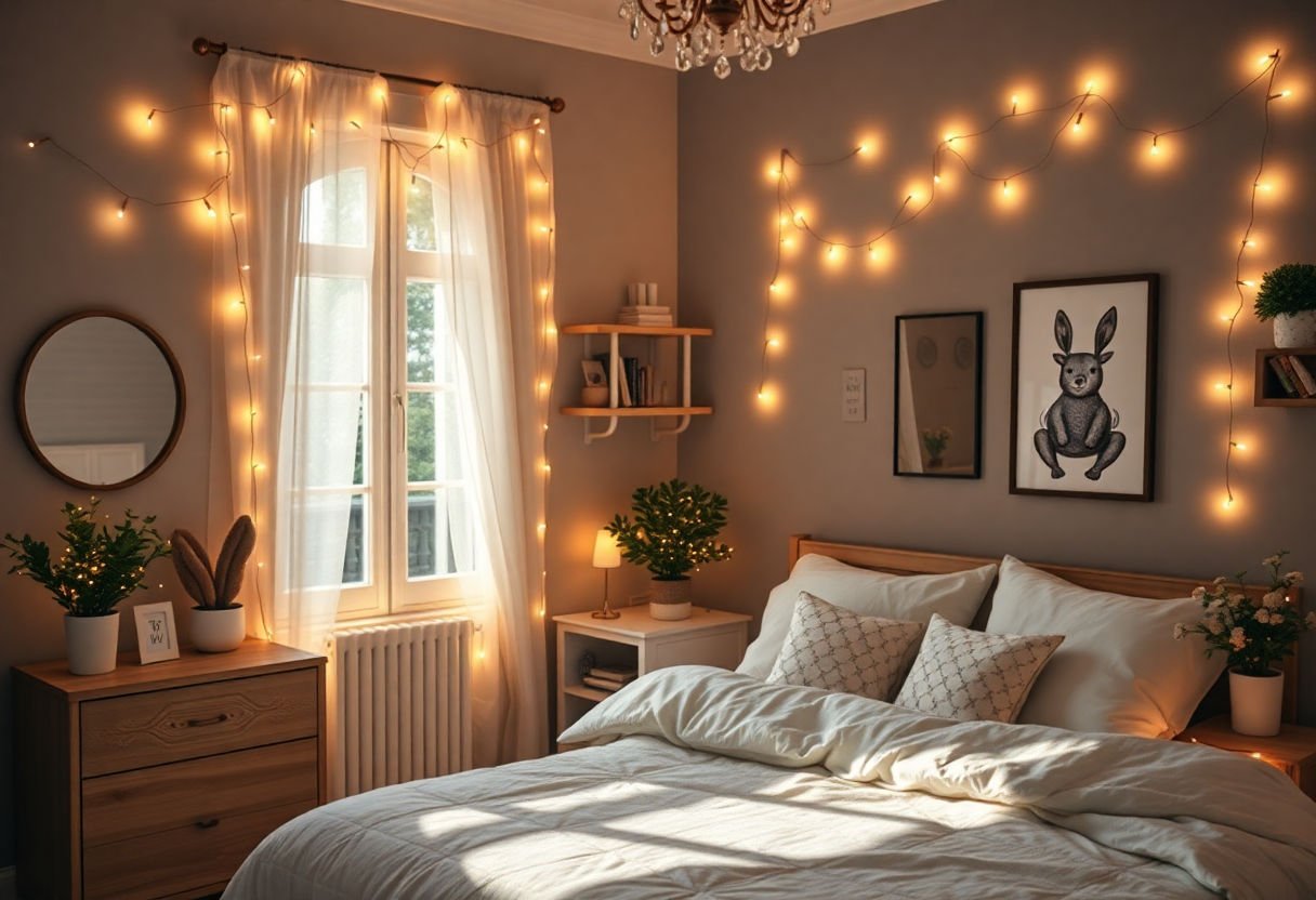 A room decorated with festive lights
