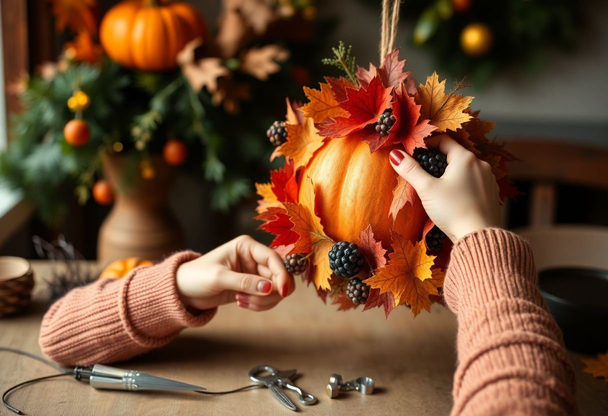 A person crafting a Thanksgiving decoration