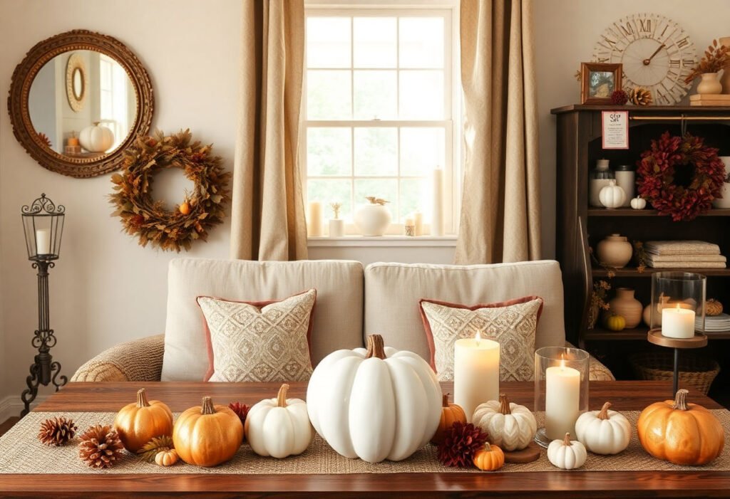 A collection of DIY Thanksgiving decorations in a cozy home setting
