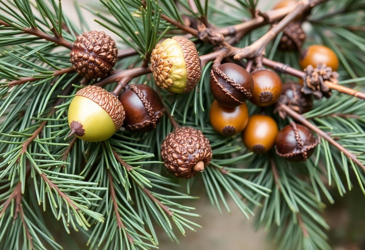 Natural elements like pine branches and acorns