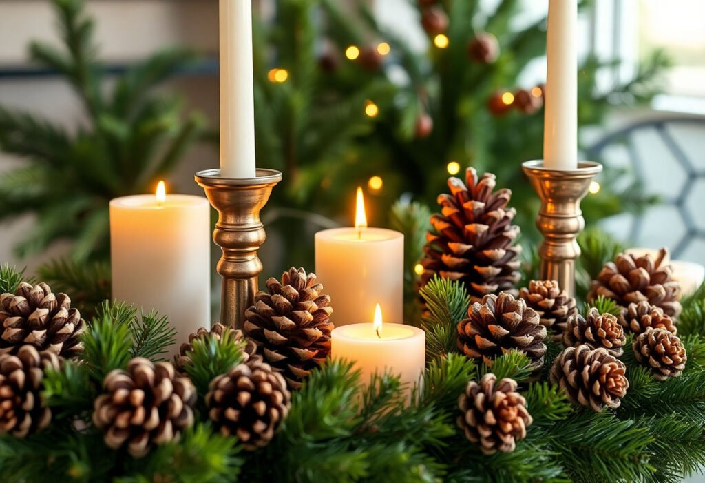 Rustic Christmas decor with pinecones and candles