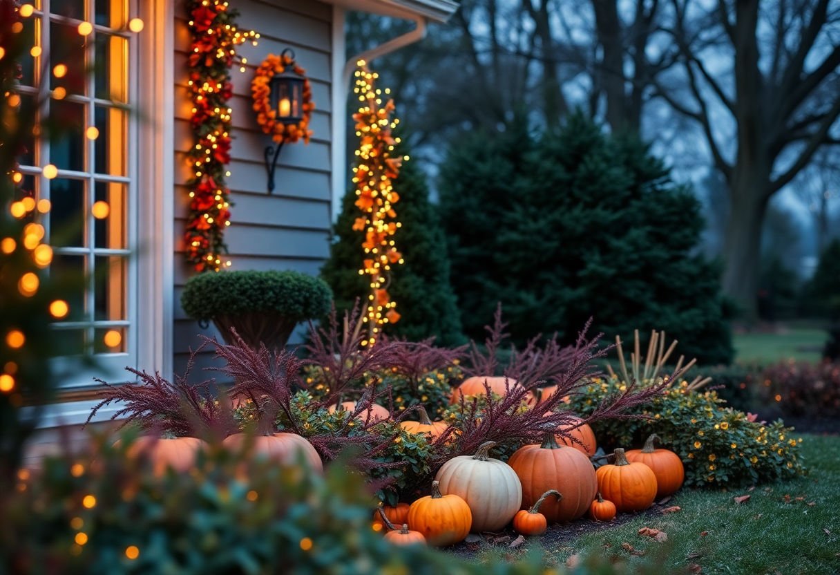 Outdoor Thanksgiving decor with twinkle lights