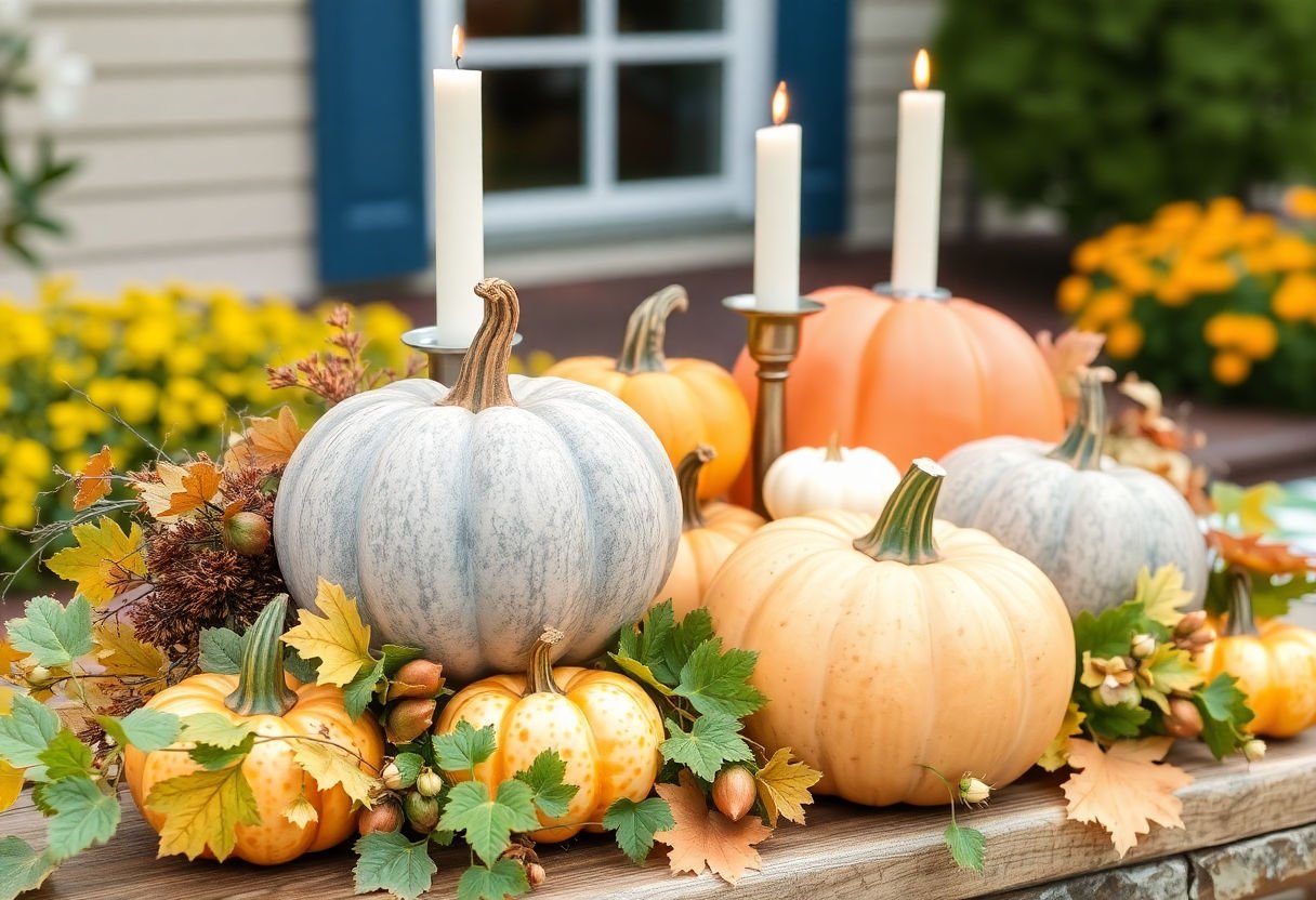 Thanksgiving outdoor centerpiece with pumpkins and candles