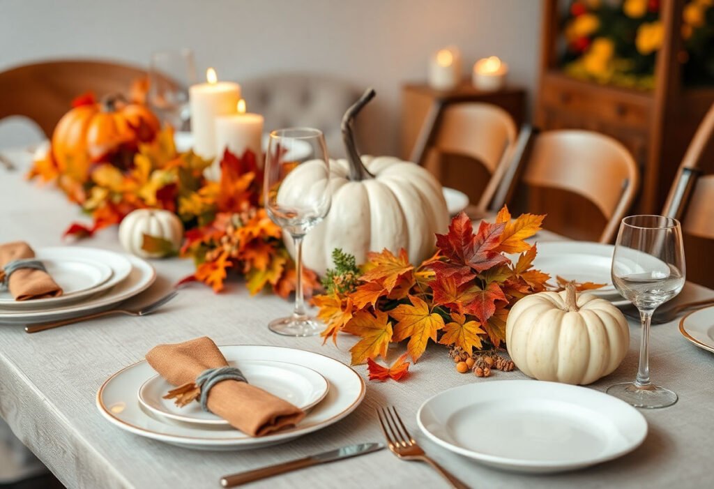 Thanksgiving table setting with autumn-themed decorations