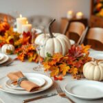 Thanksgiving table setting with autumn-themed decorations