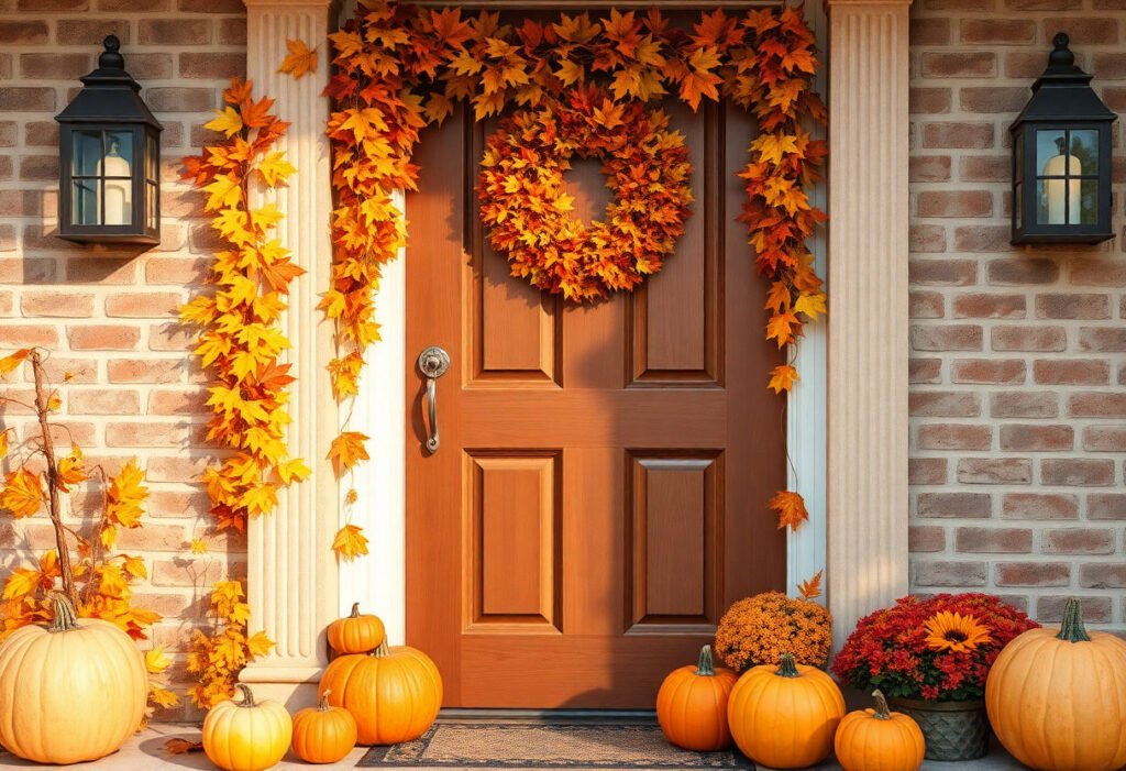 A beautifully decorated door for Thanksgiving with autumn leaves and pumpkins
