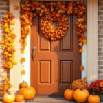 A beautifully decorated door for Thanksgiving with autumn leaves and pumpkins