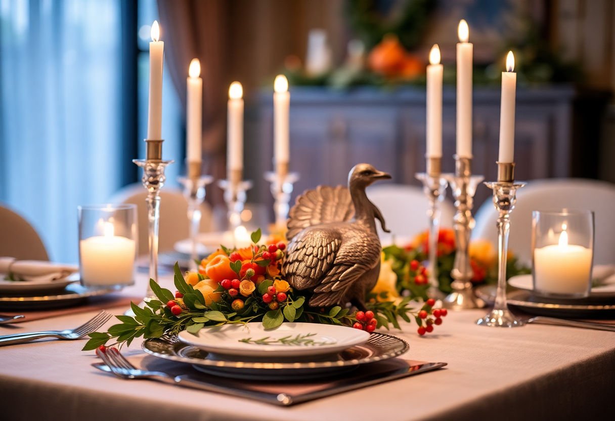 Elegant table setting with turkey decor