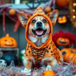 Dog wearing a Halloween costume surrounded by decorations