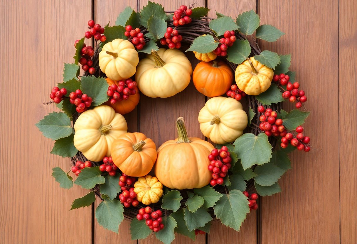 Thanksgiving wreath with gourds and berries.
